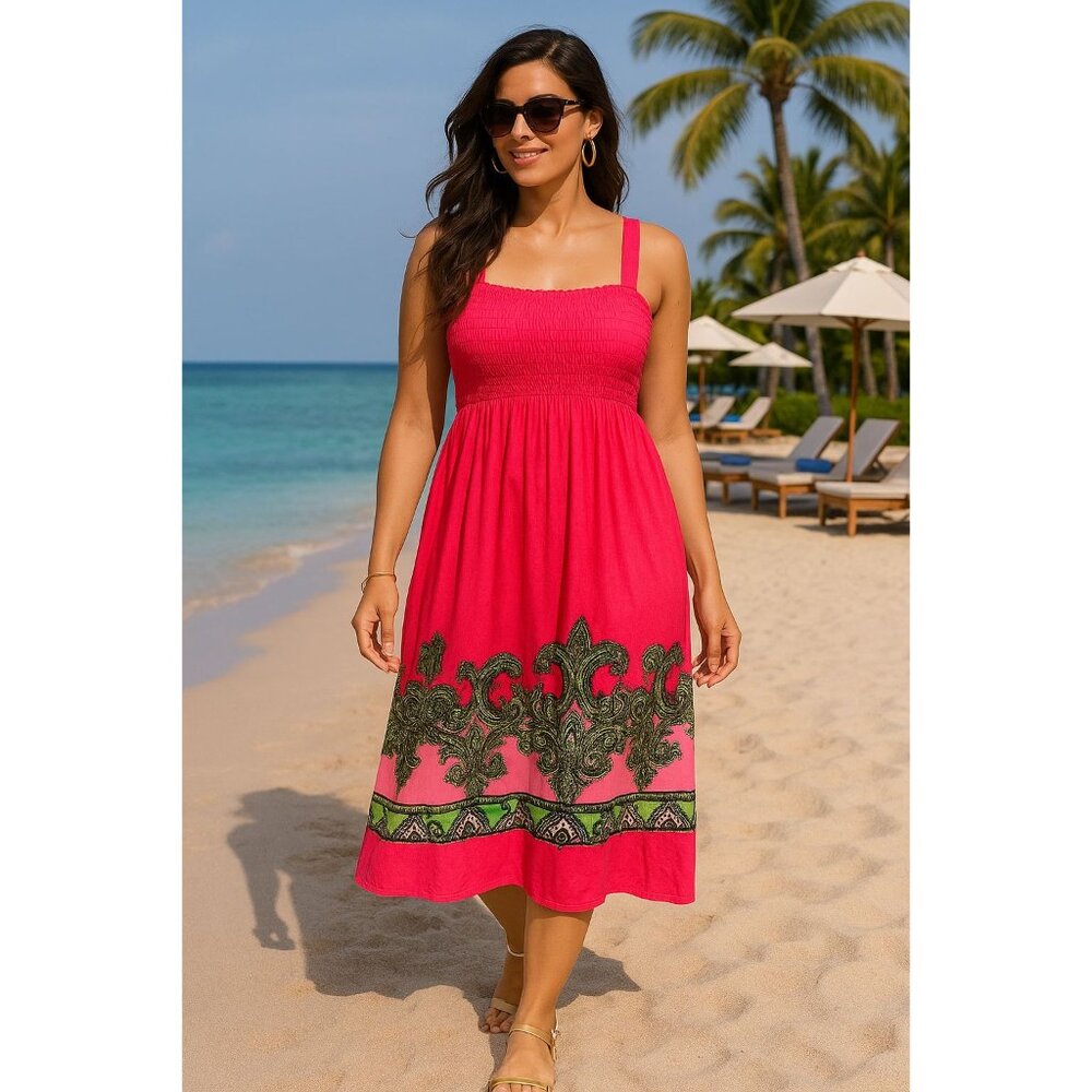 Ace Fashion Boho Paisley Bright Pink Print Sundress Sleeveless Smocked Size XXL - Picture 2 of 13